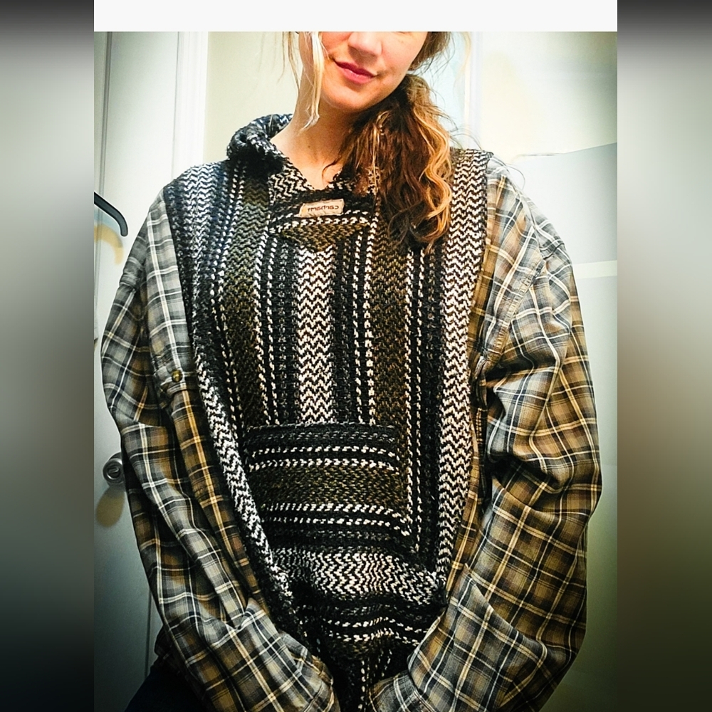 Green and black Mexican Baja hoodie Flannel Reworked & Upcycled Carhrt